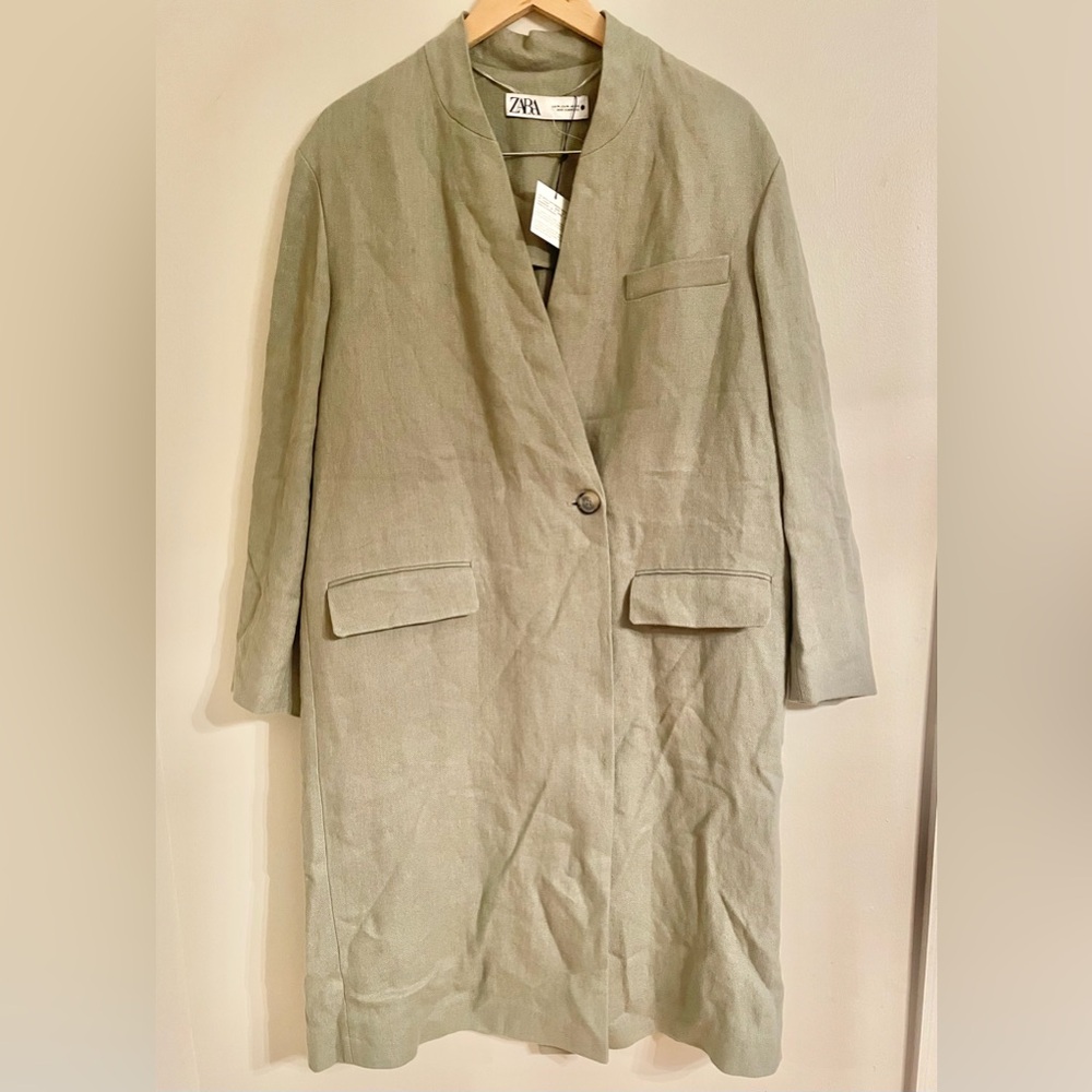 NWT Zara 100% Linen Green Trench Jacket/Long Blzer